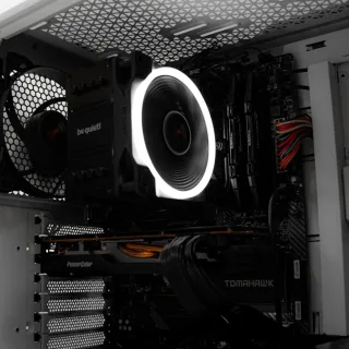 A close up of a computer case with a fan