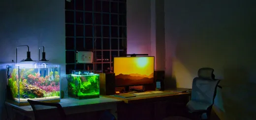 a desk with a computer and a fish tank